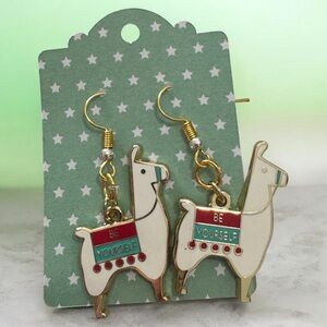 Alpaca "Be Yourself" Gold Tone Enamel Dangle Pierced Earrings New